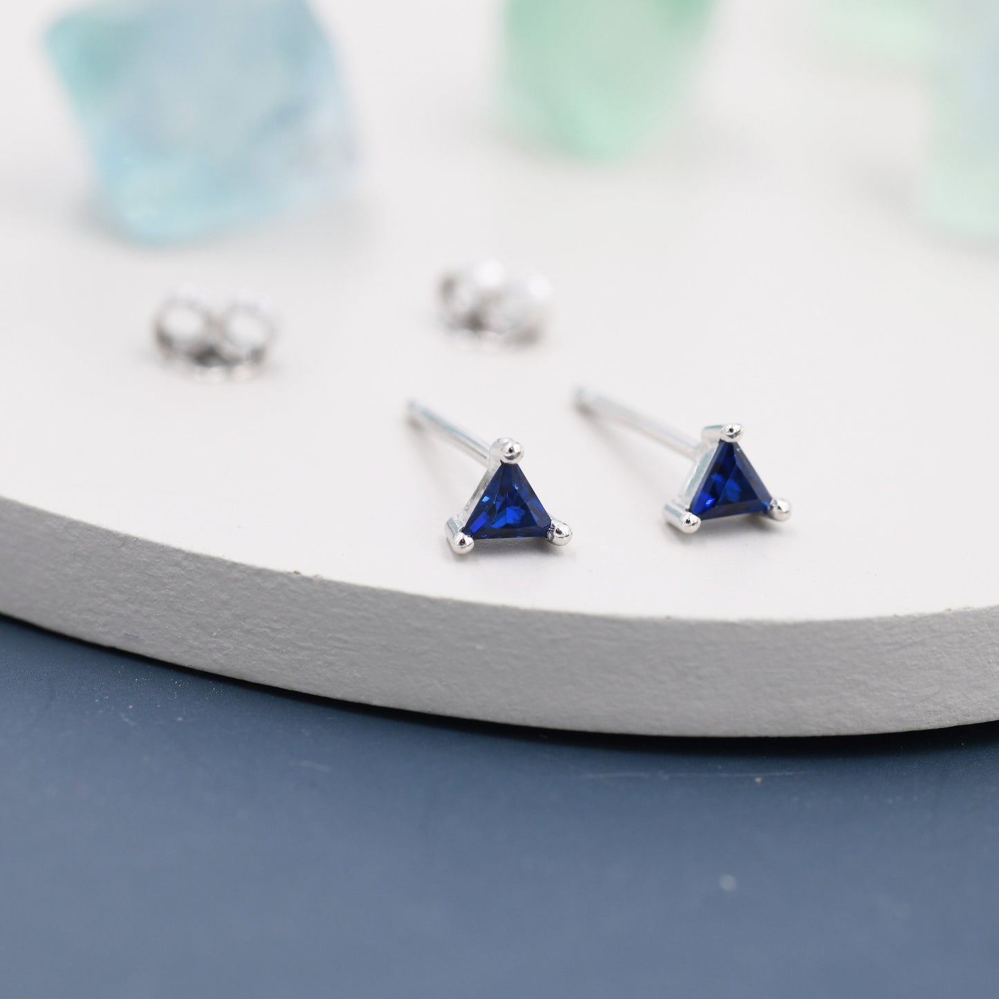 Extra Tiny Sapphire Blue CZ Triangle Stud Earrings in Sterling Silver, Silver or Gold, Dainty Earrings,  Stacking Earrings, CZ Crystal Stud