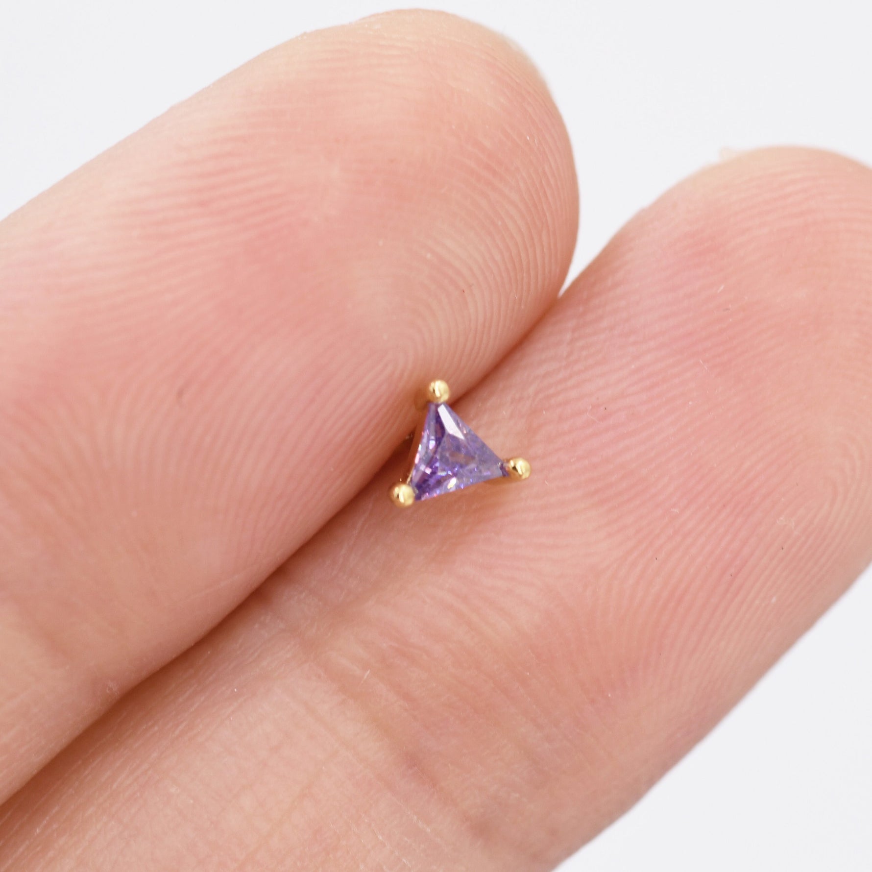 Extra Tiny Amethyst Purple CZ Triangle Stud Earrings in Sterling Silver, Silver or Gold, Dainty Earrings, Stacking Earrings, CZ Stud