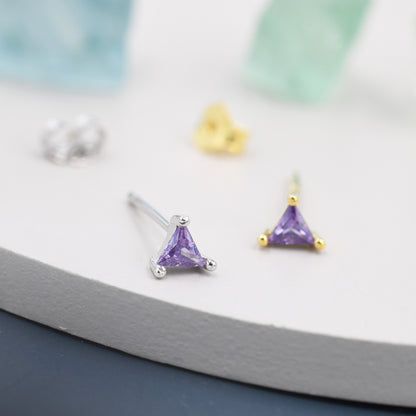 Extra Tiny Amethyst Purple CZ Triangle Stud Earrings in Sterling Silver, Silver or Gold, Dainty Earrings,  Stacking Earrings, CZ Stud