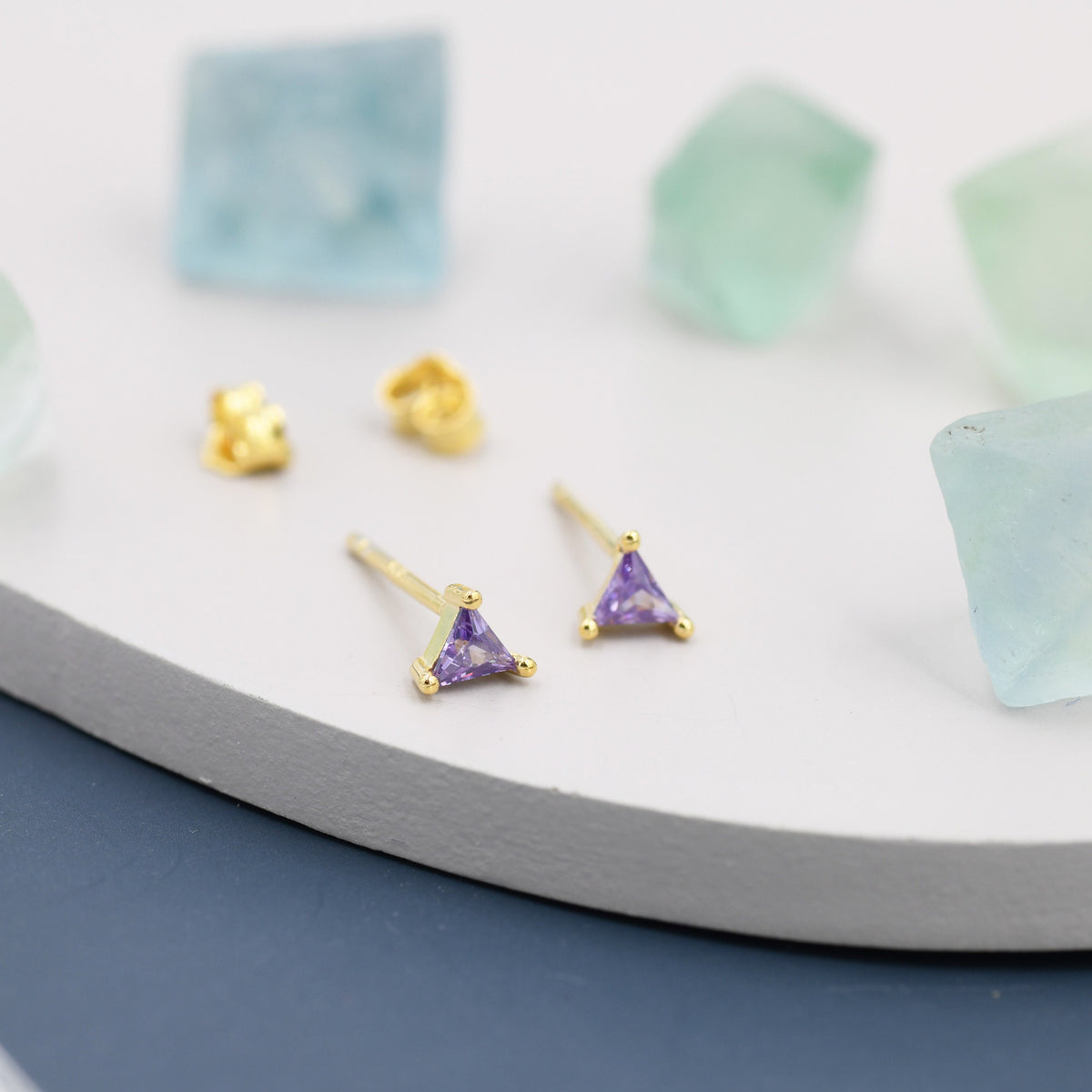 Extra Tiny Amethyst Purple CZ Triangle Stud Earrings in Sterling Silver, Silver or Gold, Dainty Earrings, Stacking Earrings, CZ Stud