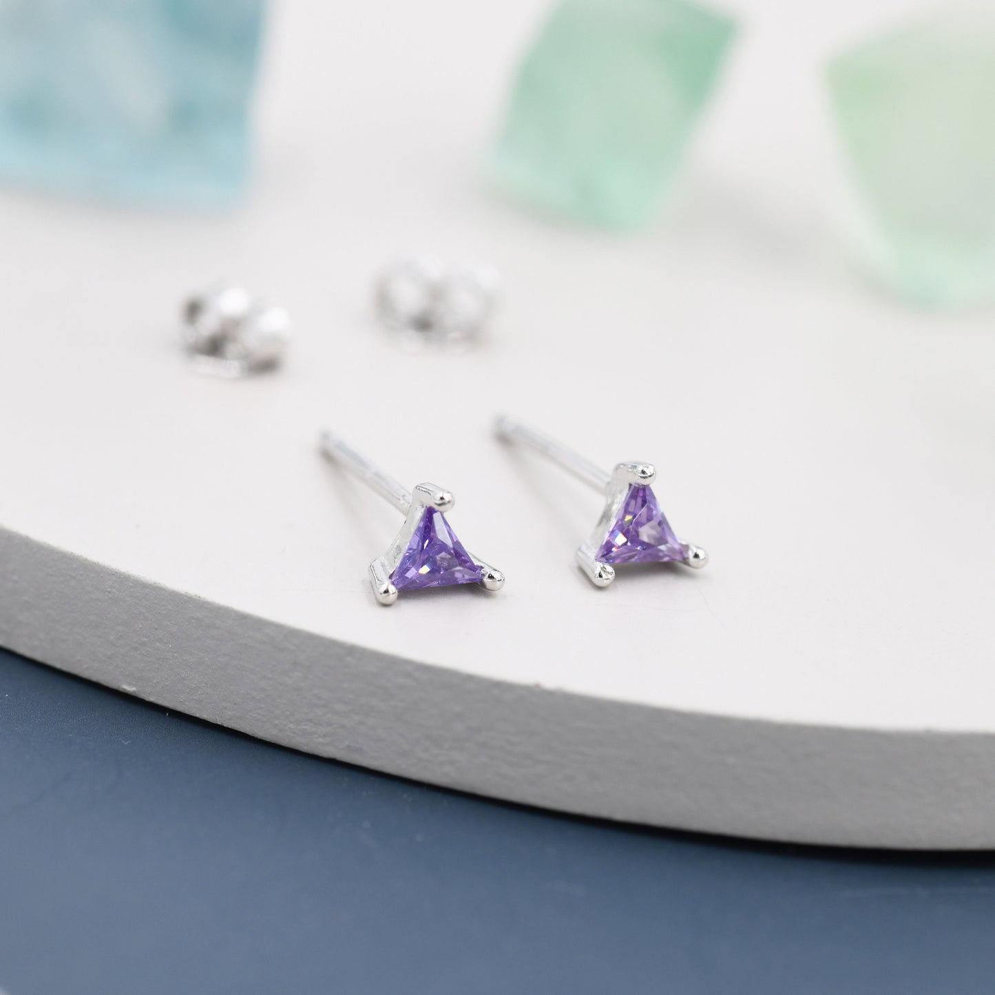 Extra Tiny Amethyst Purple CZ Triangle Stud Earrings in Sterling Silver, Silver or Gold, Dainty Earrings,  Stacking Earrings, CZ Stud