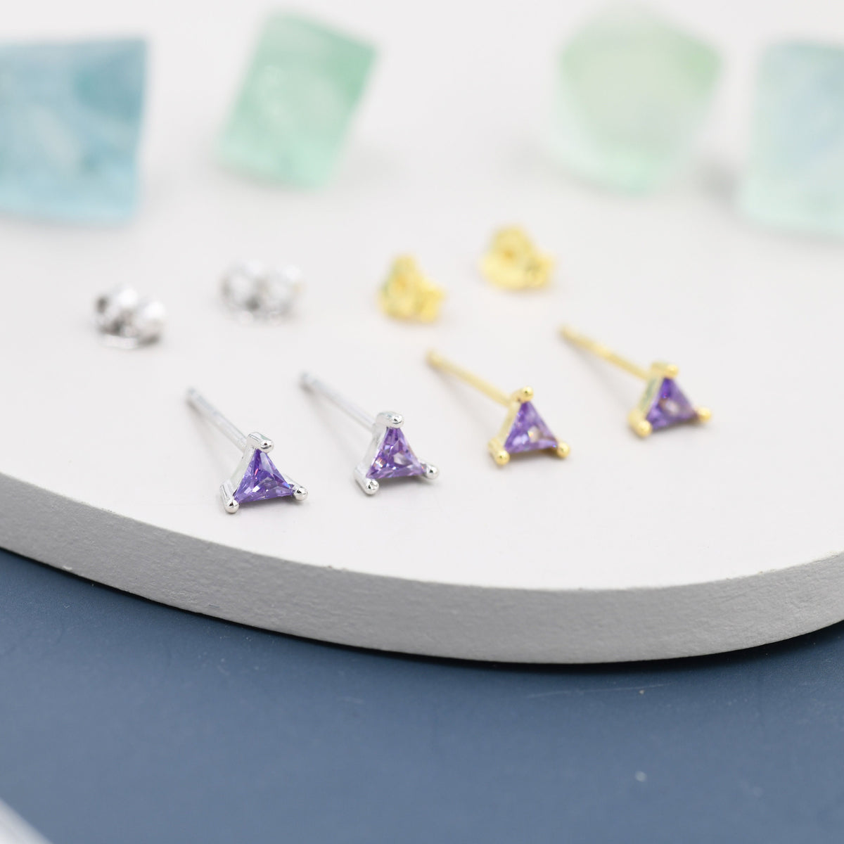 Extra Tiny Amethyst Purple CZ Triangle Stud Earrings in Sterling Silver, Silver or Gold, Dainty Earrings, Stacking Earrings, CZ Stud