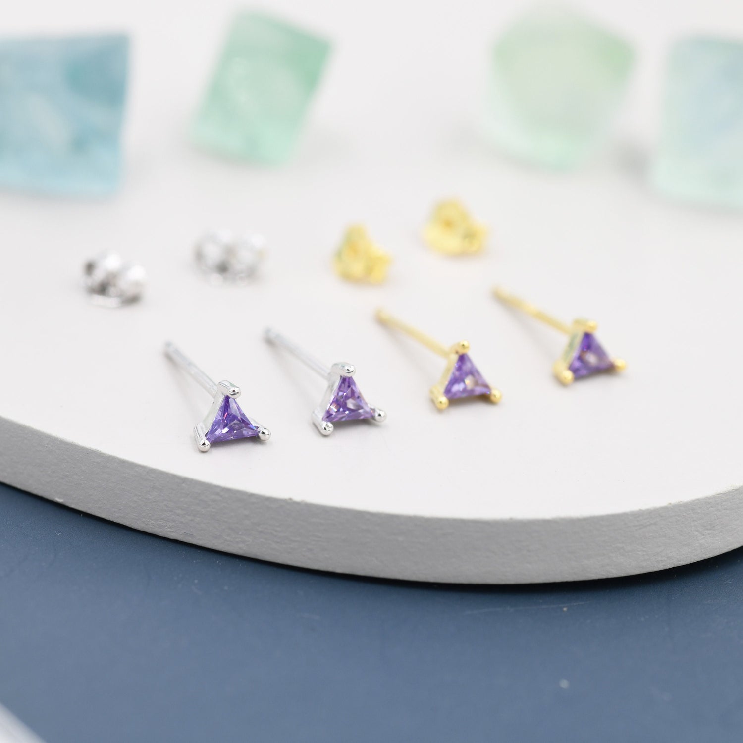 Extra Tiny Amethyst Purple CZ Triangle Stud Earrings in Sterling Silver, Silver or Gold, Dainty Earrings, Stacking Earrings, CZ Stud
