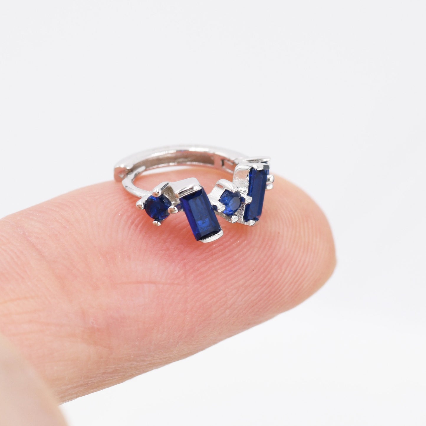 Sapphire Blue Baguette CZ Cluster Huggie Hoop in Sterling Silver, Silver or Gold, Geometric Hoop Earrings, Irregular Shaped