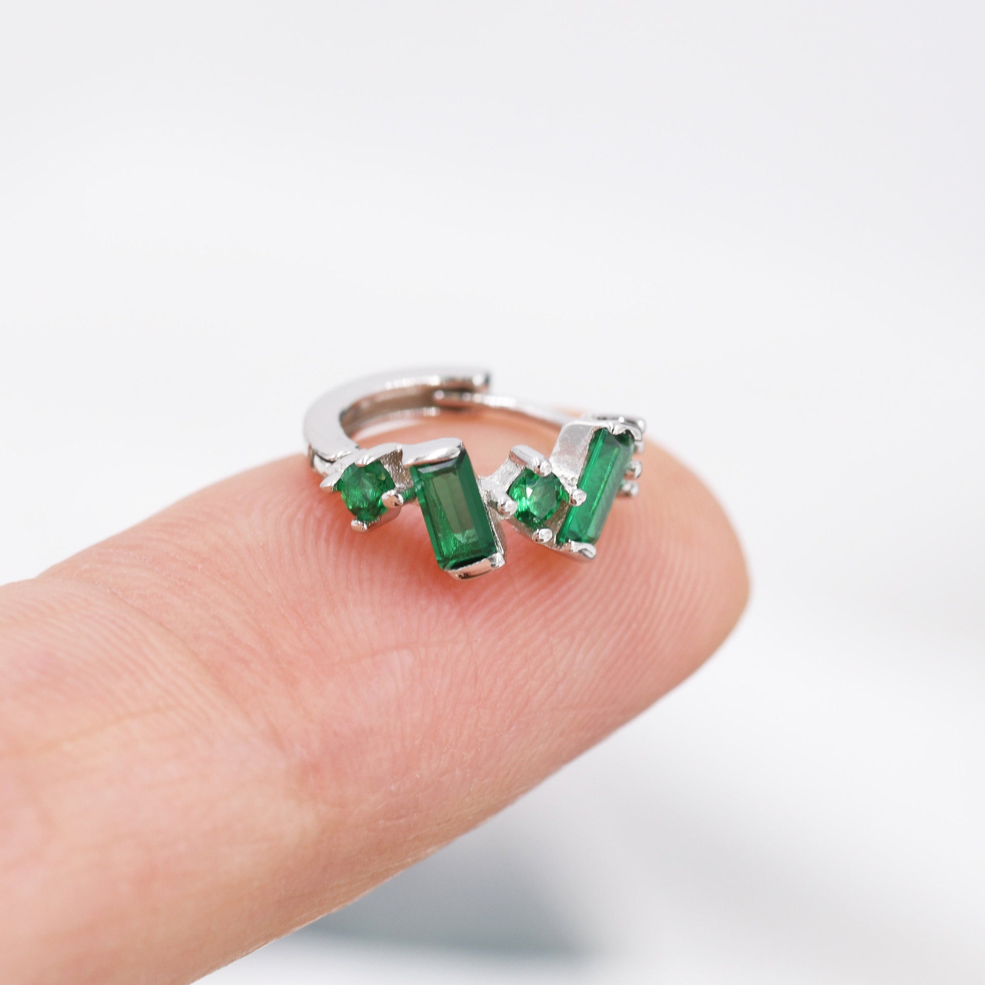 Emerald Green Baguette CZ Cluster Huggie Hoop in Sterling Silver, Silver or Gold, Geometric Hoop Earrings, Irregular Shaped