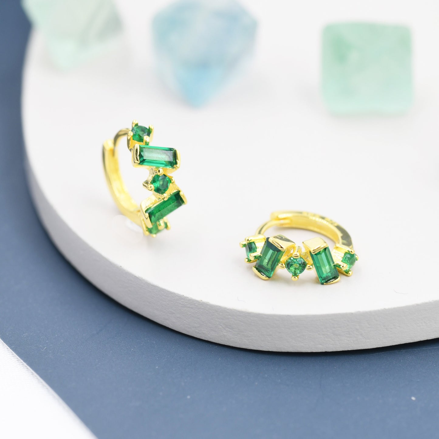 Emerald Green Baguette CZ Cluster Huggie Hoop in Sterling Silver, Silver or Gold, Geometric Hoop Earrings, Irregular Shaped
