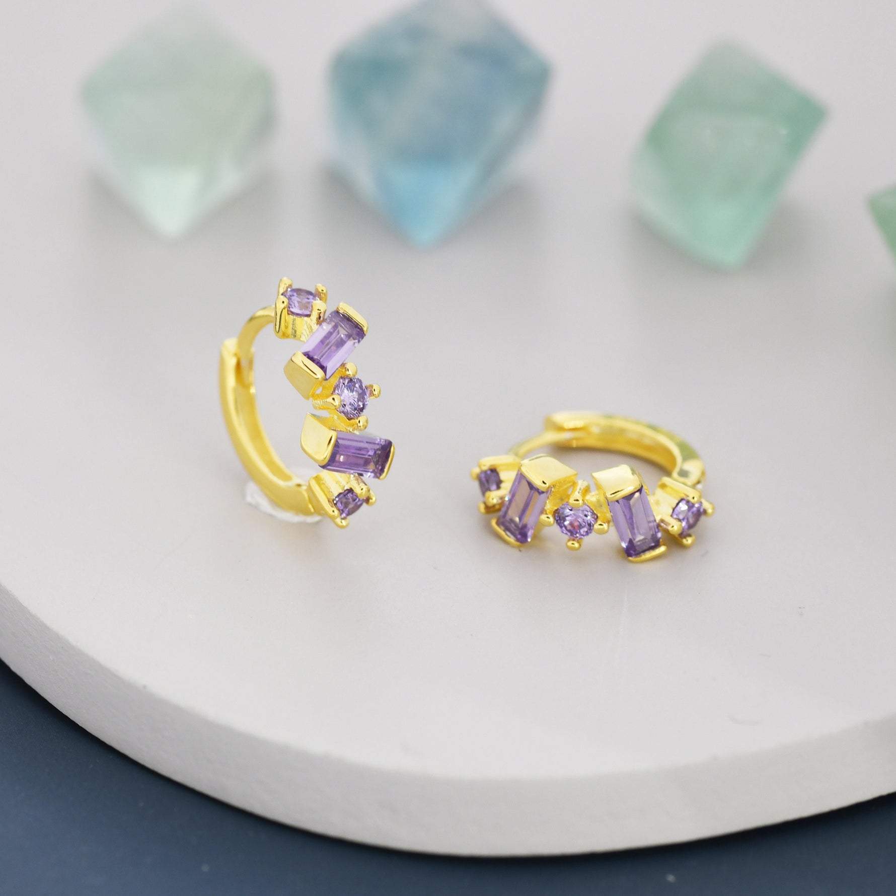 Amethyst Purple Baguette CZ Cluster Huggie Hoop in Sterling Silver, Silver or Gold, Geometric Hoop Earrings, Irregular Shaped