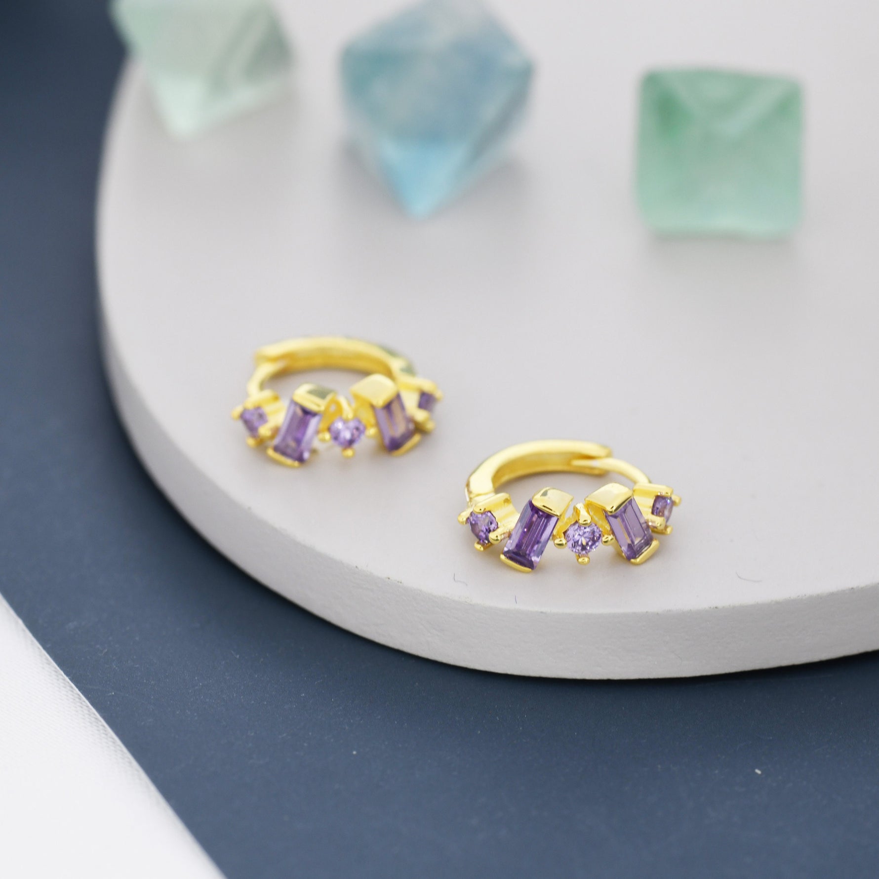 Amethyst Purple Baguette CZ Cluster Huggie Hoop in Sterling Silver, Silver or Gold, Geometric Hoop Earrings, Irregular Shaped