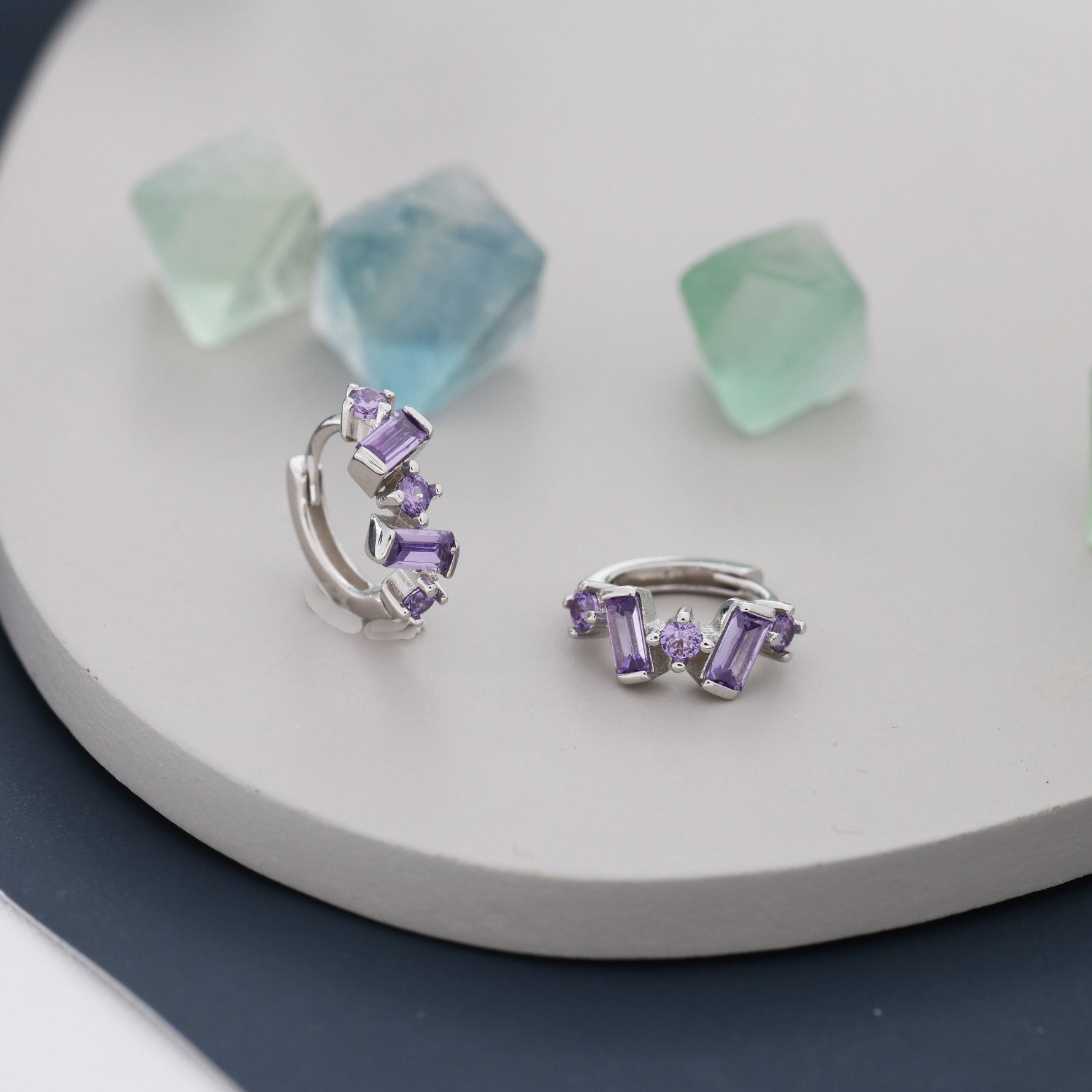 Amethyst Purple Baguette CZ Cluster Huggie Hoop in Sterling Silver, Silver or Gold, Geometric Hoop Earrings, Irregular Shaped