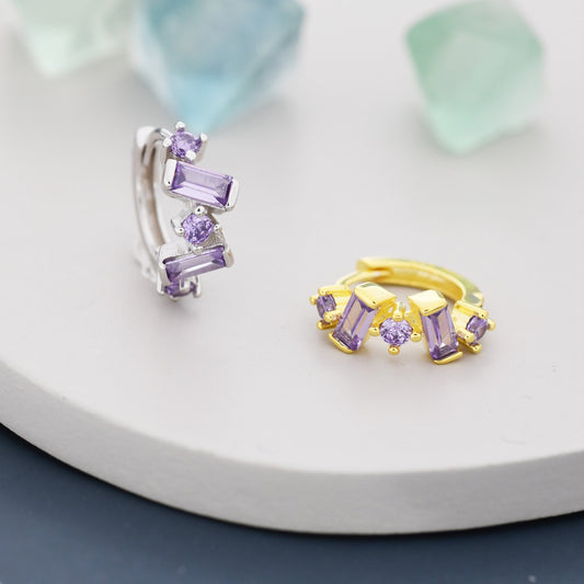 Amethyst Purple Baguette CZ Cluster Huggie Hoop in Sterling Silver, Silver or Gold, Geometric Hoop Earrings, Irregular Shaped