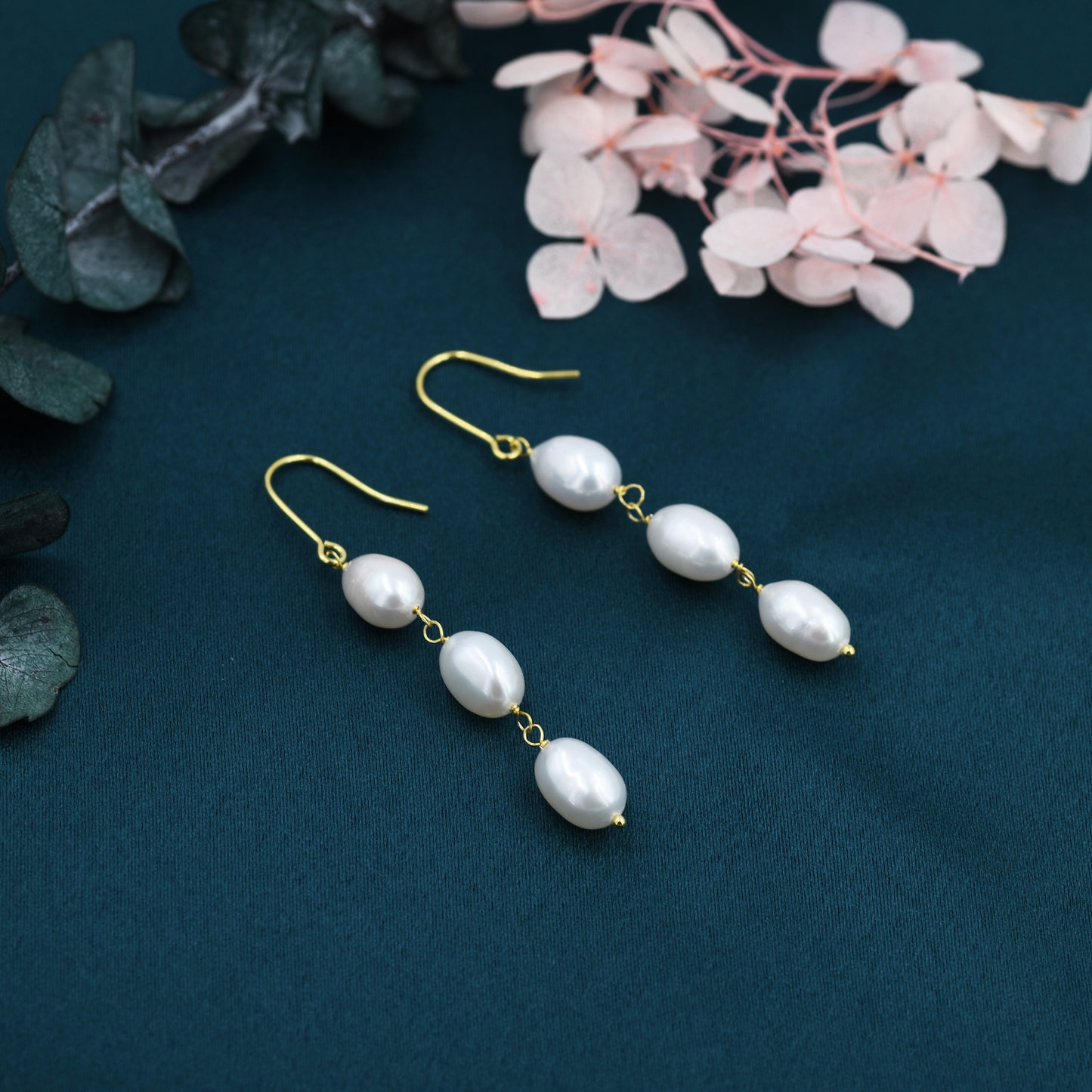 Baroque Pearl Trio Drop Hook Earrings in Sterling Silver, Silver or Gold, Long  Pearl Drop Earrings, Natural Keshi Freshwater Pearl Earrings