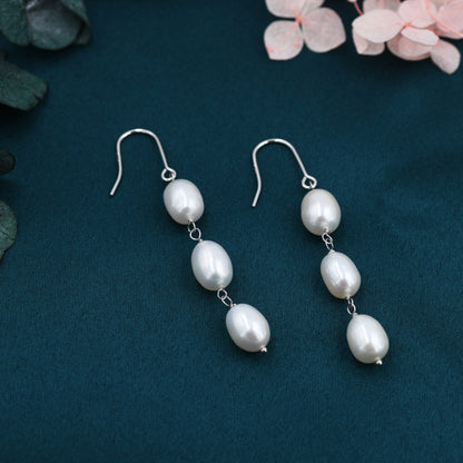 Baroque Pearl Trio Drop Hook Earrings in Sterling Silver, Silver or Gold, Long  Pearl Drop Earrings, Natural Keshi Freshwater Pearl Earrings