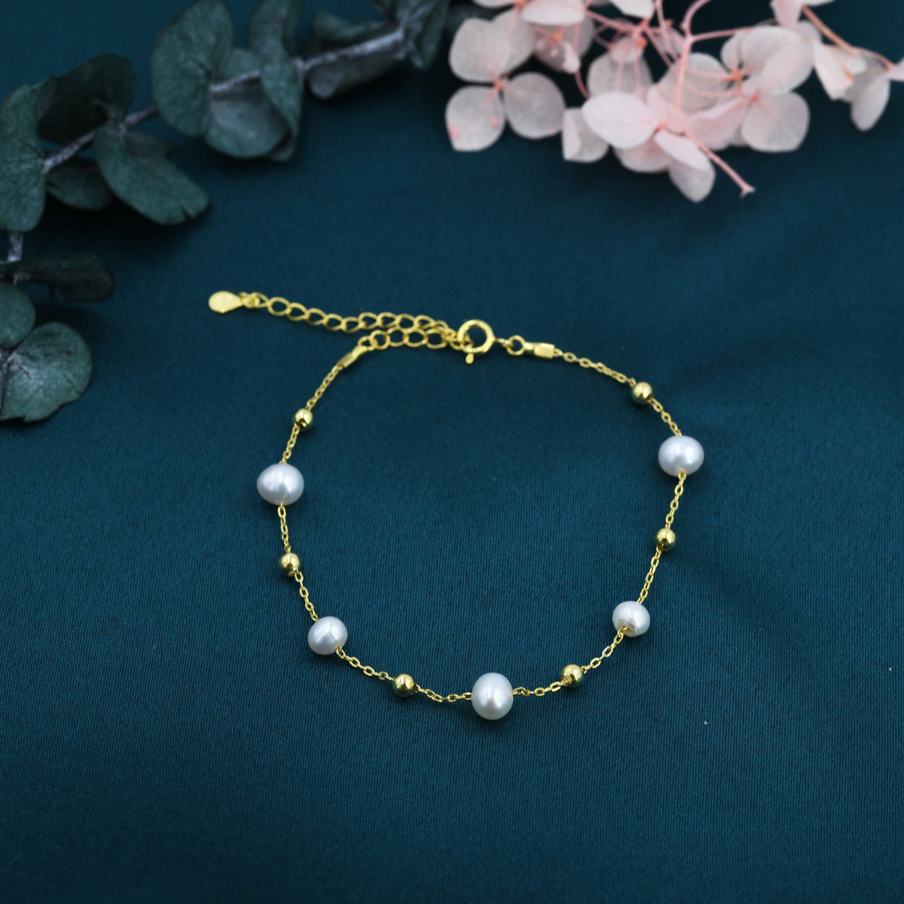 Sterling Silver Delicate Pearl and Silver Ball Beaded Bracelet, Silver or Gold, Genuine Freshwater Keshi Pearls, Natural Pearl Bracelet