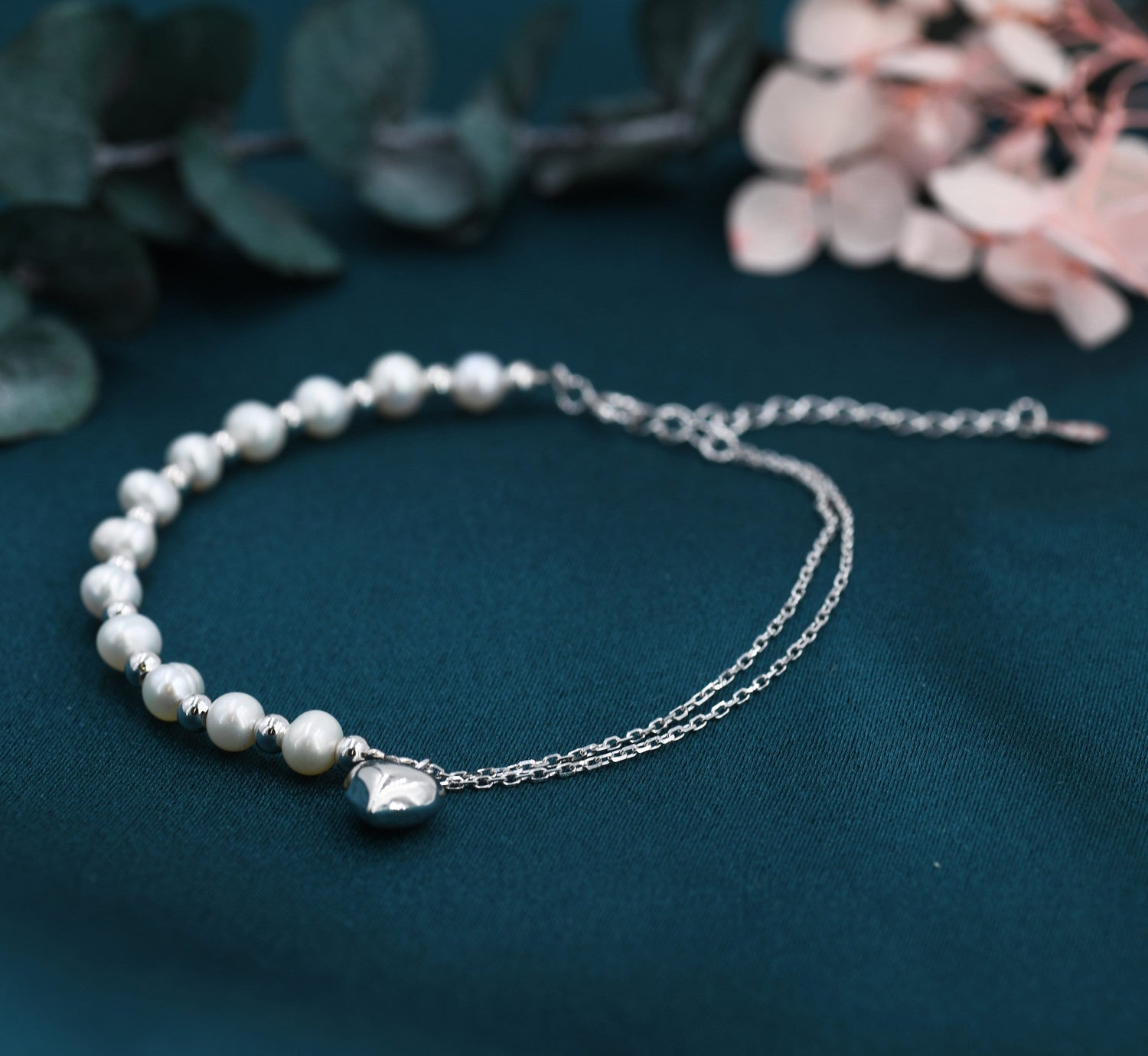 Sterling Silver Freshwater Pearl and Double Strand Beaded Bracelet with a Heart Charm, Silver or Gold, Genuine Pearls, Natural Pearl