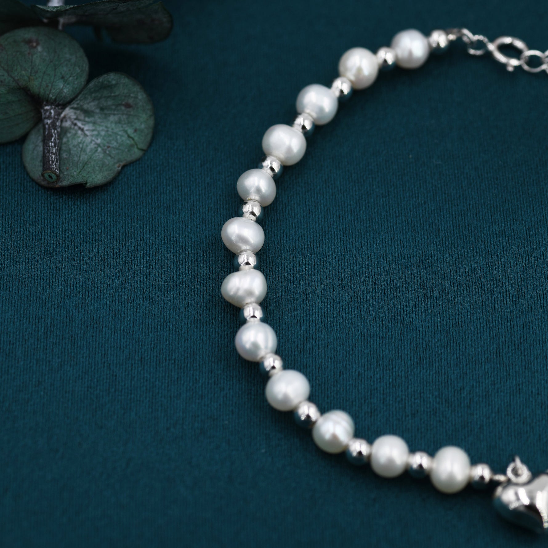 Sterling Silver Freshwater Pearl and Double Strand Beaded Bracelet with a Heart Charm, Silver or Gold, Genuine Pearls, Natural Pearl