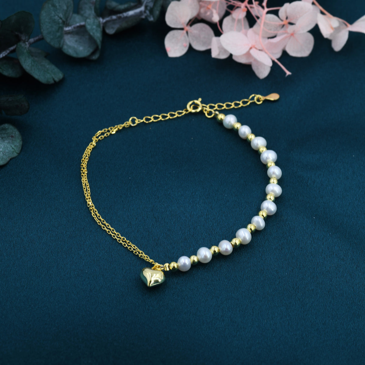 Sterling Silver Freshwater Pearl and Double Strand Beaded Bracelet with a Heart Charm, Silver or Gold, Genuine Pearls, Natural Pearl