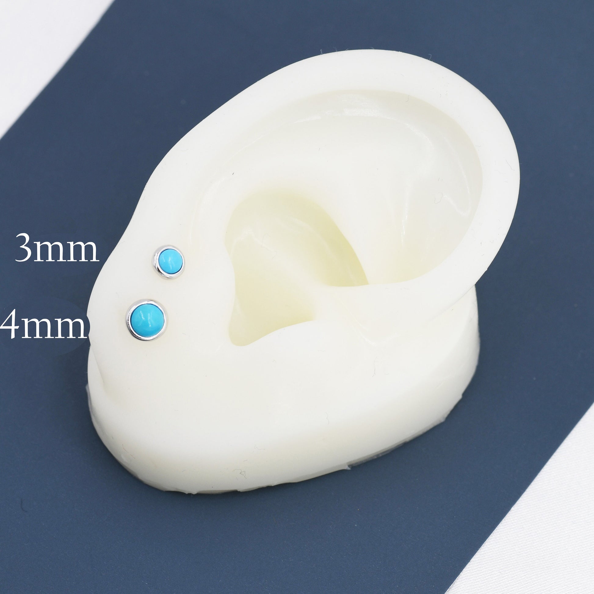 Sterling Silver Turquoise Stud Earrings, 3mm or 4mm, Genuine Turquoise Gemstone Stud, Bezel, Minimalist Style, December Birthstone