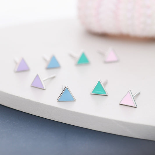 Triangle Stud Earrings in Sterling Silver with Hand Painted Enamel, Pastel Stud, Teal, Turquoise, Blue, Pink, Purple and Black, Tiny Stud