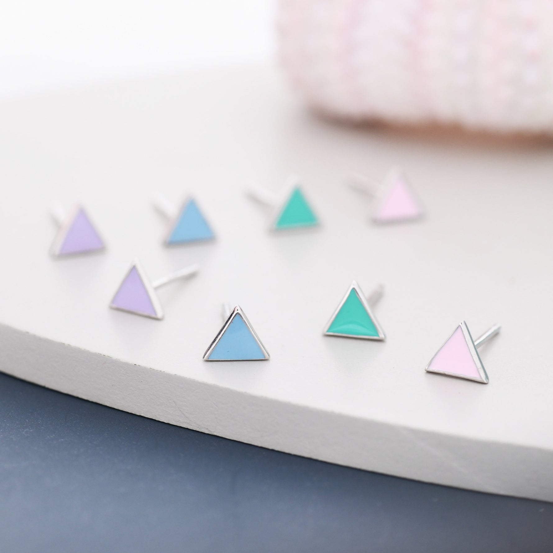 Black Triangle Stud Earrings in Sterling Silver with Hand Painted Enamel, Black Stud, Tiny Triangle Stud