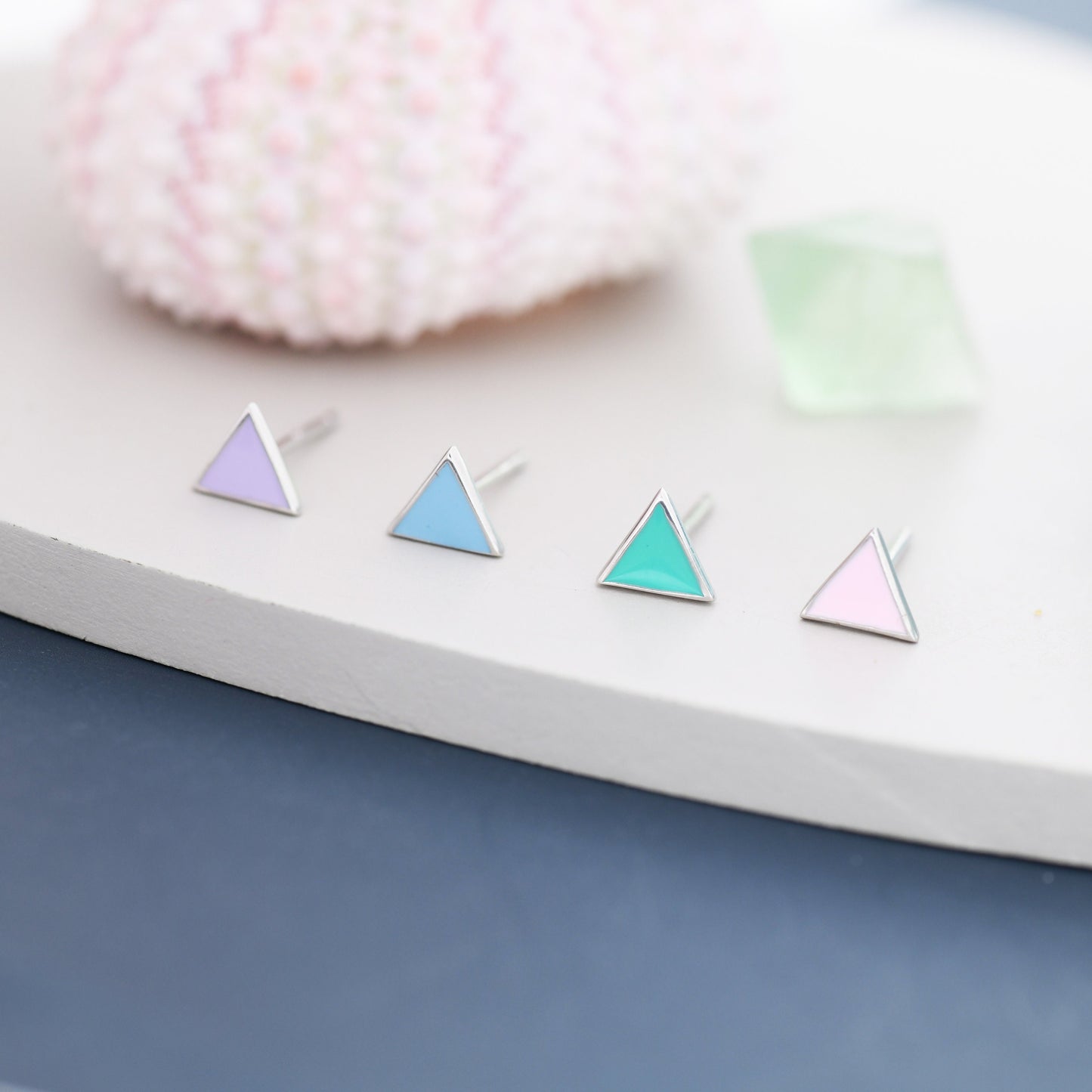 Triangle Stud Earrings in Sterling Silver with Hand Painted Enamel, Pastel Stud, Teal, Turquoise, Blue, Pink, Purple and Black, Tiny Stud