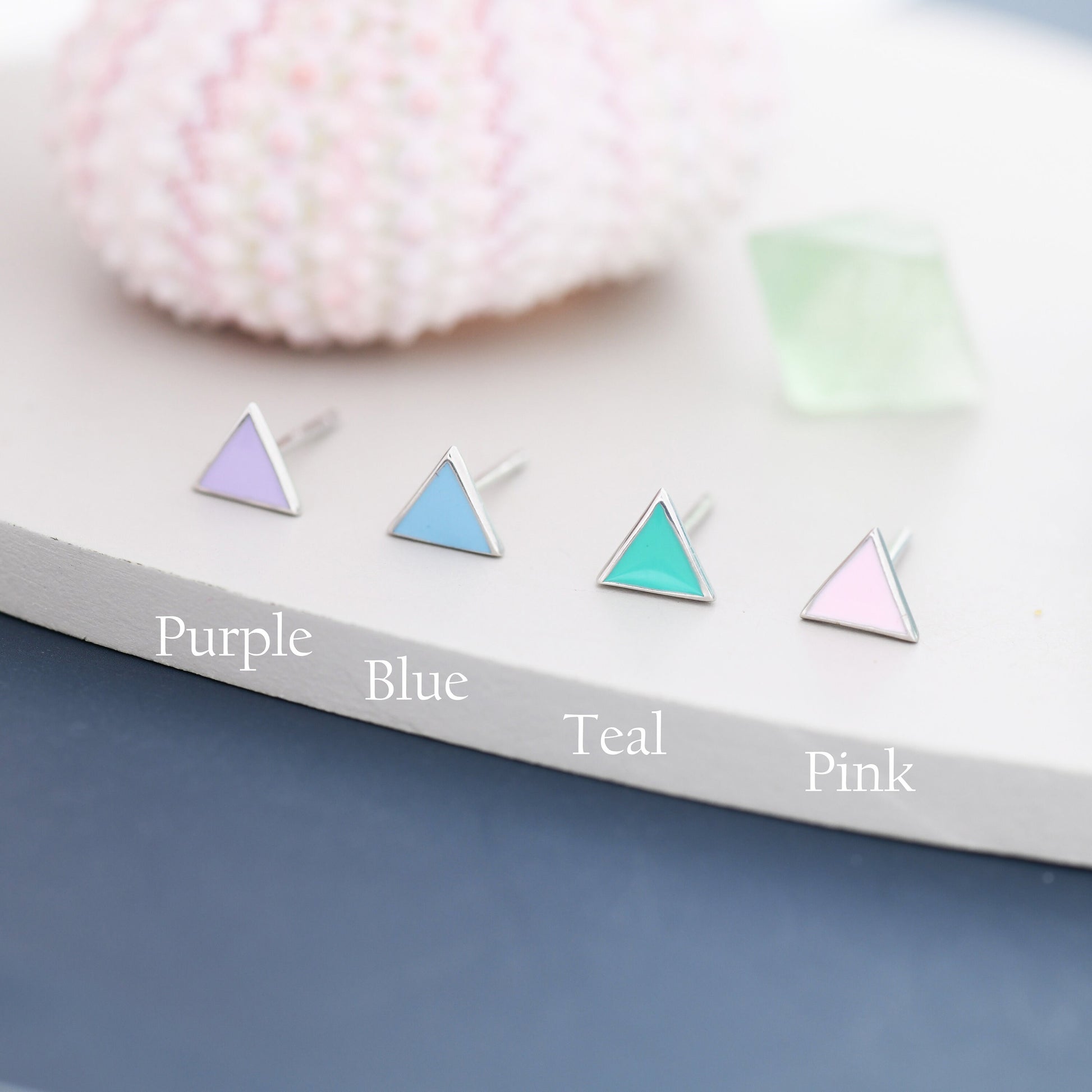 Triangle Stud Earrings in Sterling Silver with Hand Painted Enamel, Pastel Stud, Teal, Turquoise, Blue, Pink, Purple and Black, Tiny Stud
