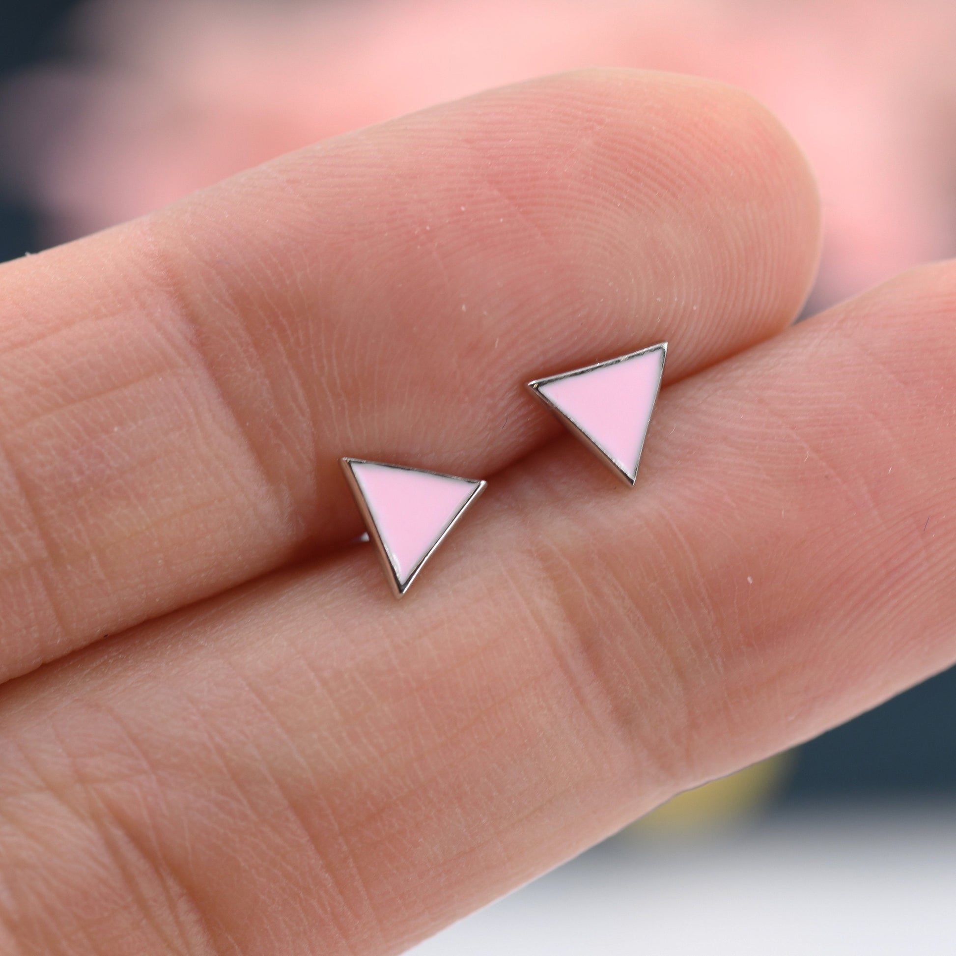 Pink Triangle Stud Earrings in Sterling Silver with Hand Painted Enamel, Pastel Pink Stud, Tiny Triangle Stud