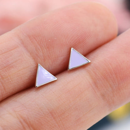 Pastel Purple Triangle Stud Earrings in Sterling Silver with Hand Painted Enamel, Pastel Purple Stud, Tiny Triangle Stud