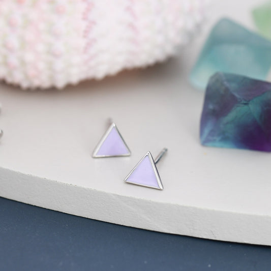 Pastel Purple Triangle Stud Earrings in Sterling Silver with Hand Painted Enamel, Pastel Purple Stud, Tiny Triangle Stud