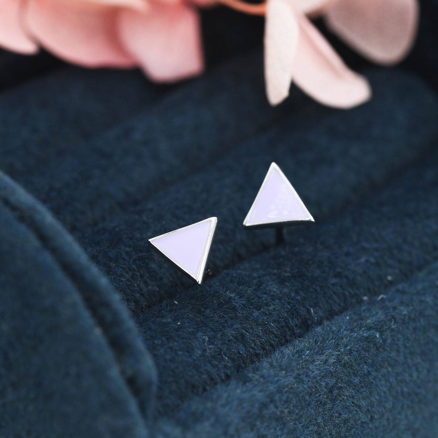 Pastel Purple Triangle Stud Earrings in Sterling Silver with Hand Painted Enamel, Pastel Purple Stud, Tiny Triangle Stud