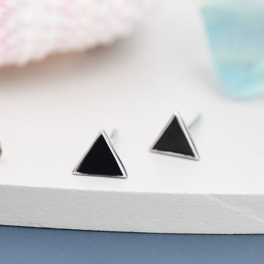 Black Triangle Stud Earrings in Sterling Silver with Hand Painted Enamel, Black Stud, Tiny Triangle Stud