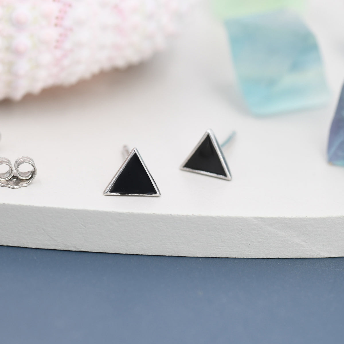 Black Triangle Stud Earrings in Sterling Silver with Hand Painted Enamel, Black Stud, Tiny Triangle Stud