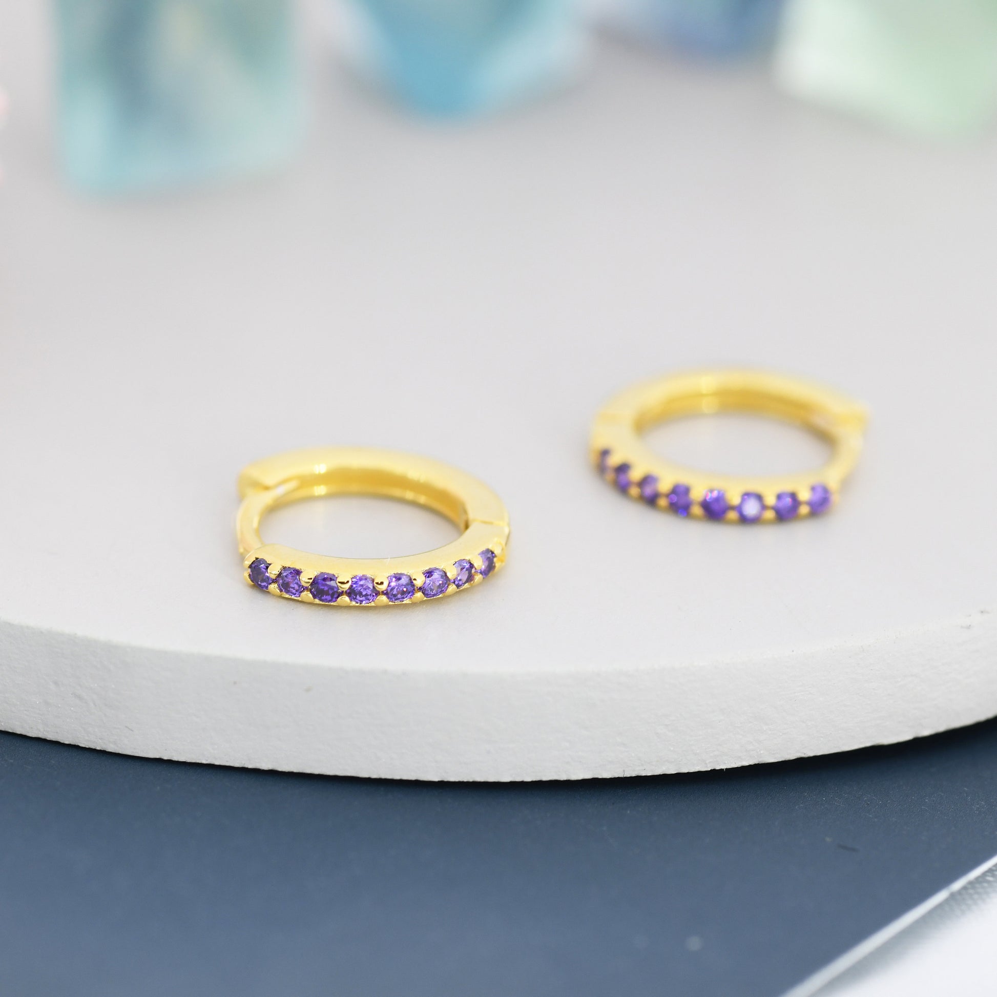 Purple Amethyst CZ Skinny Huggie Hoop in Sterling Silver, Silver or Gold, 8mm Inner Diameter Hoop Earrings, February Birthstone