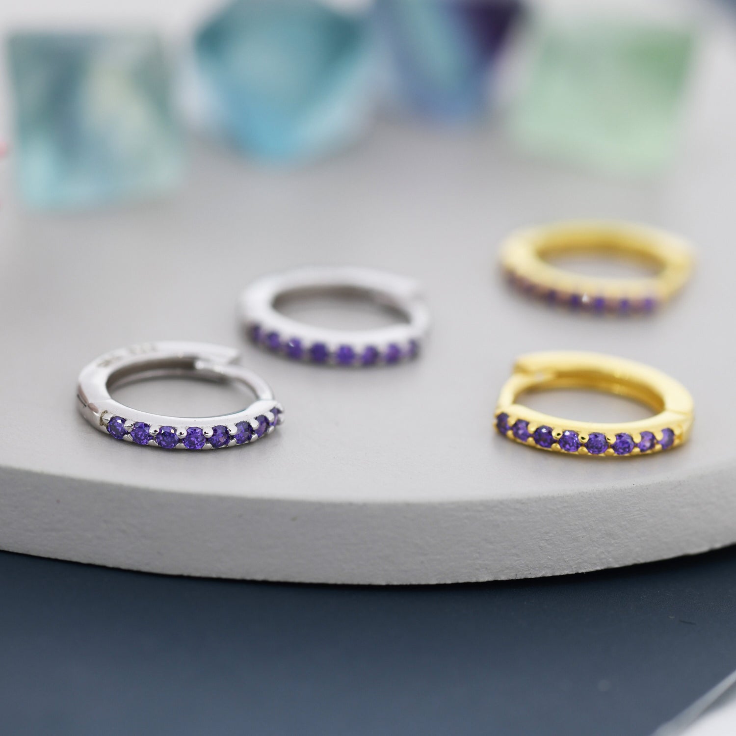 Purple Amethyst CZ Skinny Huggie Hoop in Sterling Silver, Silver or Gold, 8mm Inner Diameter Hoop Earrings, February Birthstone
