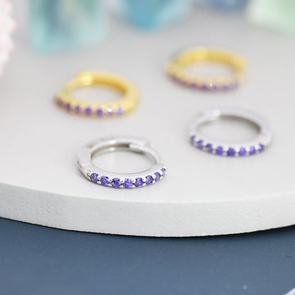 Purple Amethyst CZ Skinny Huggie Hoop in Sterling Silver, Silver or Gold, 8mm Inner Diameter Hoop Earrings, February Birthstone