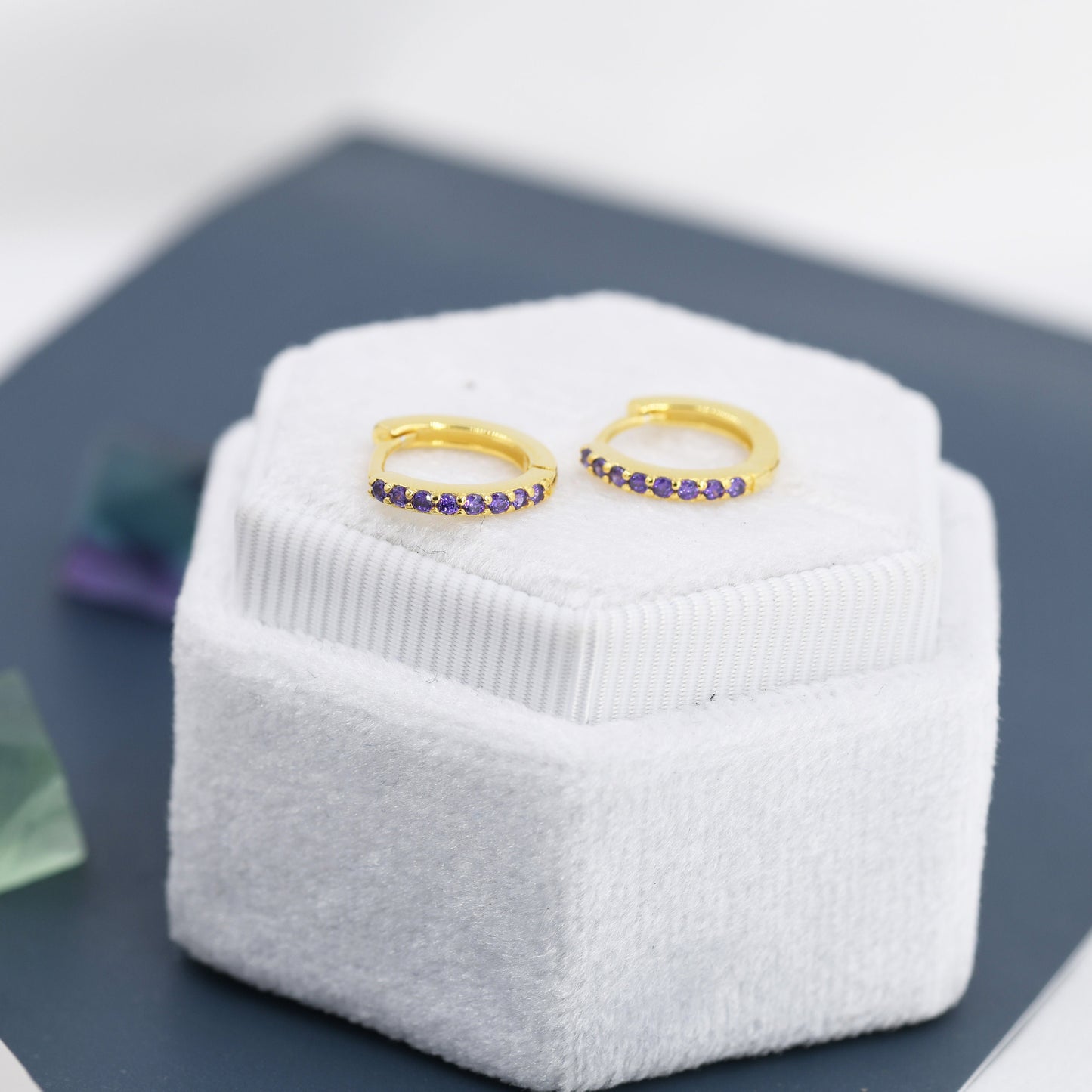 Purple Amethyst CZ Skinny Huggie Hoop in Sterling Silver, Silver or Gold, 8mm Inner Diameter Hoop Earrings, February Birthstone