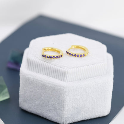 Purple Amethyst CZ Skinny Huggie Hoop in Sterling Silver, Silver or Gold, 8mm Inner Diameter Hoop Earrings, February Birthstone