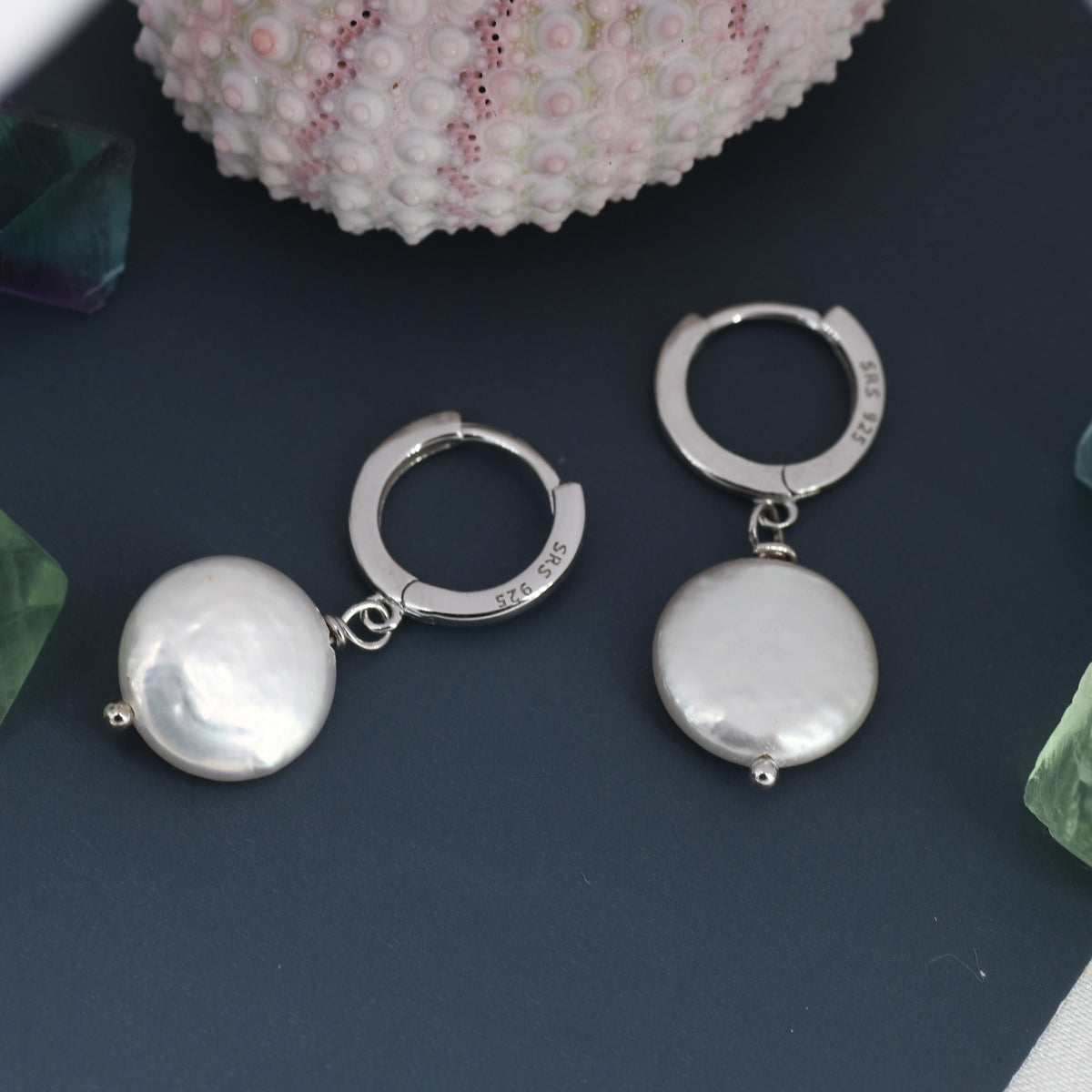 Coin Baroque Pearl Huggie Hoop Earrings in Sterling Silver, Simple Circle Disk Dangle Earrings, Gold and Silver, Natural Freshwater Pearl