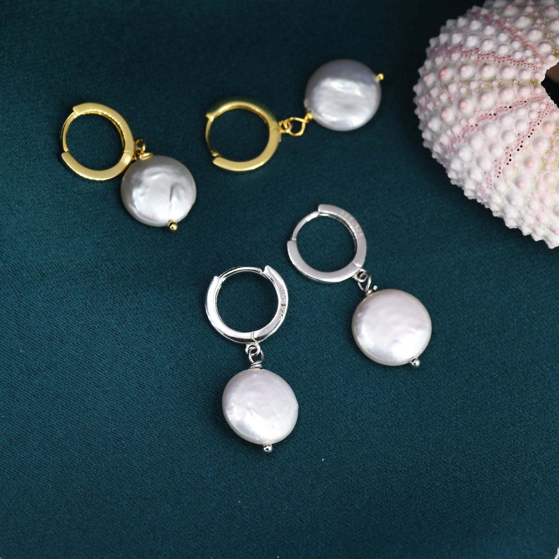 Coin Baroque Pearl Huggie Hoop Earrings in Sterling Silver, Simple Circle Disk Dangle Earrings, Gold and Silver, Natural Freshwater Pearl