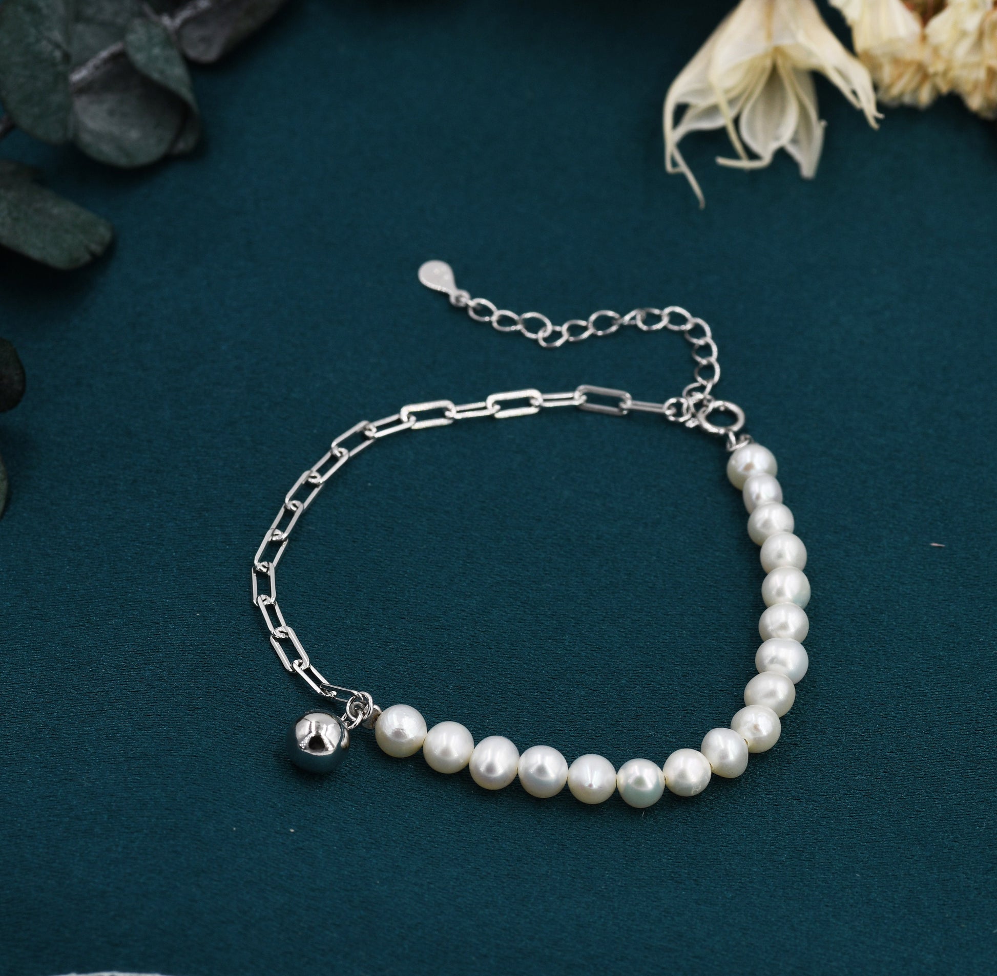 Sterling Silver Pearl and Paperclip Beaded Bracelet, Silver or Gold, Genuine Freshwater Pearls, Natural Pearl Bracelet, Ivory Pearls
