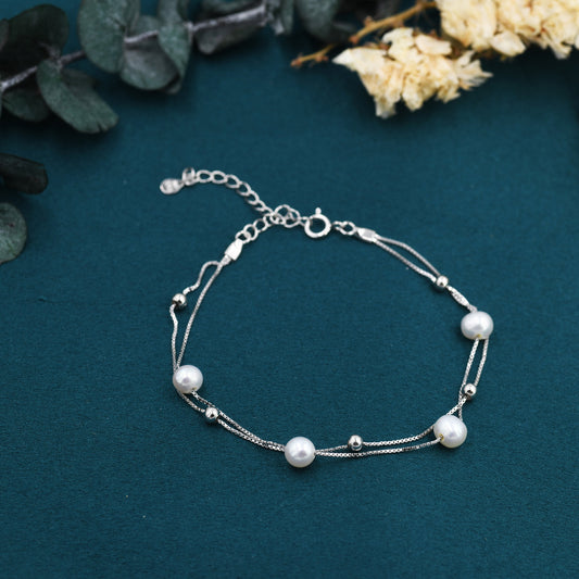 Sterling Silver Delicate Pearl and Silver Ball Beaded Bracelet, Double Layer, Silver or Gold, Real Freshwater Pearls, Natural Pearl Bracelet