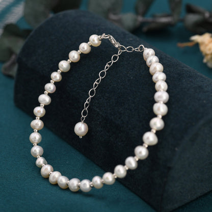 Sterling Silver Pearl and Silver Ball Beaded Bracelet, Silver or Gold, Real Freshwater Pearls, Real Pearl Bracelet, Bridal Jewellery