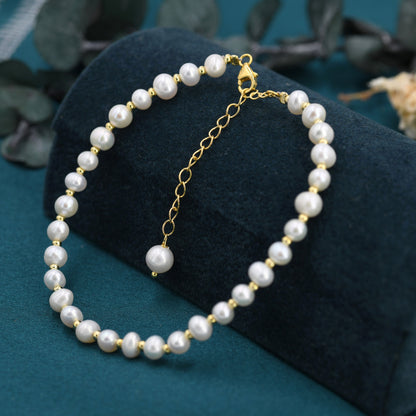 Sterling Silver Pearl and Silver Ball Beaded Bracelet, Silver or Gold, Real Freshwater Pearls, Real Pearl Bracelet, Bridal Jewellery