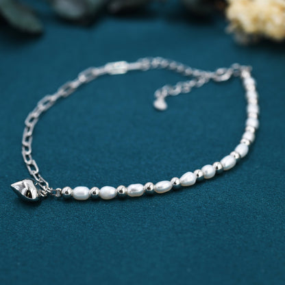 Sterling Silver Freshwater Pearl and Paperclip Beaded Bracelet with a Heart Charm, Silver or Gold, Genuine Pearls, Natural Pearl Bracelet