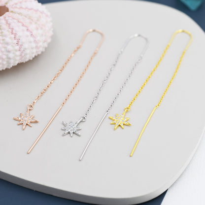 Starburst Threader Earrings in Sterling Silver, North Star U Shape Ear Threaders, Silver, Gold or Rose Gold, Star Threaders, Long Threaders