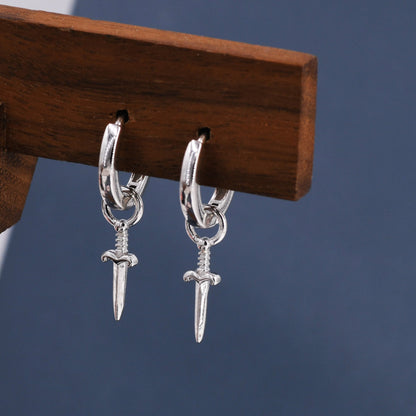 Sterling Silver Sword Hoop Earrings, Detachable Charm Hoop Earrings, Dagger Earrings, Silver or Gold, Interchangeable and detachable