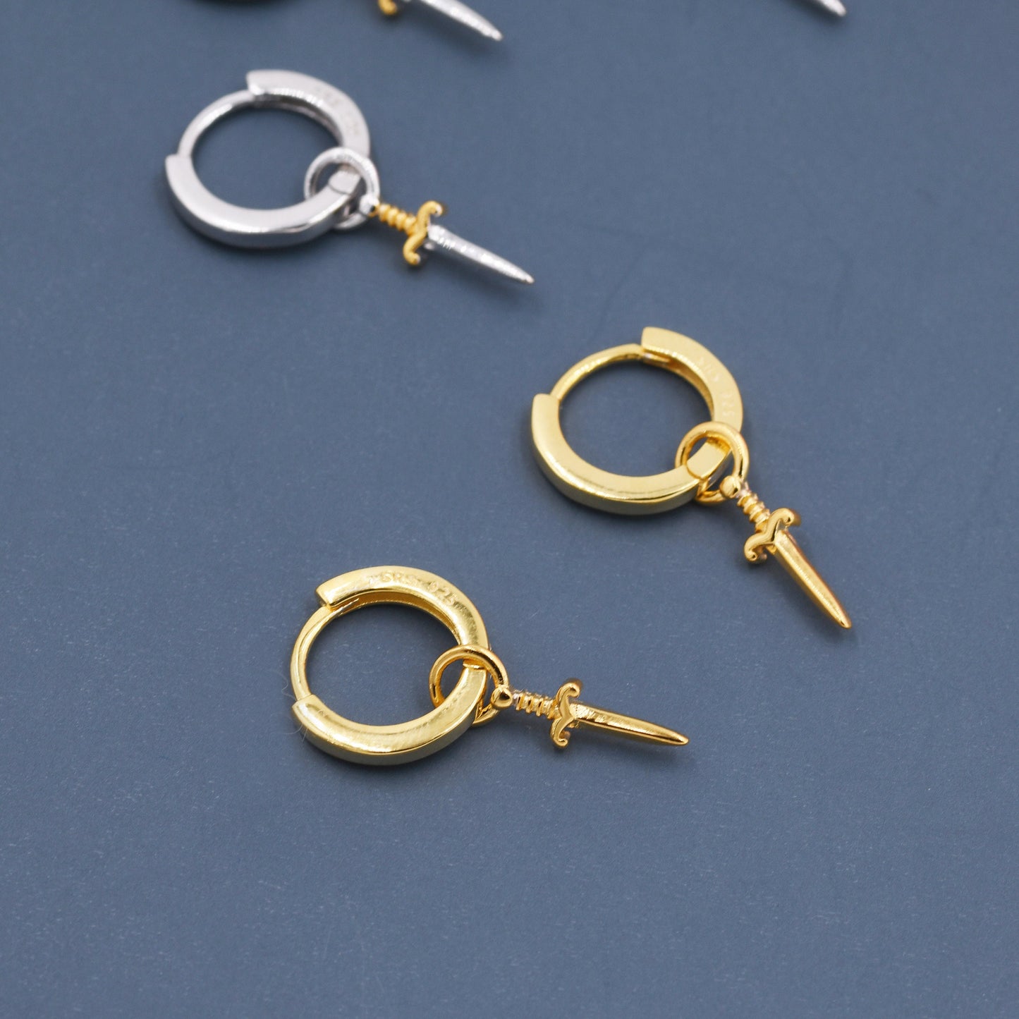 Sterling Silver Sword Hoop Earrings, Detachable Charm Hoop Earrings, Dagger Earrings, Silver or Gold,  Interchangeable and detachable