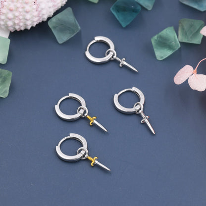 Sterling Silver Sword Hoop Earrings, Detachable Charm Hoop Earrings, Dagger Earrings, Silver or Gold, Interchangeable and detachable