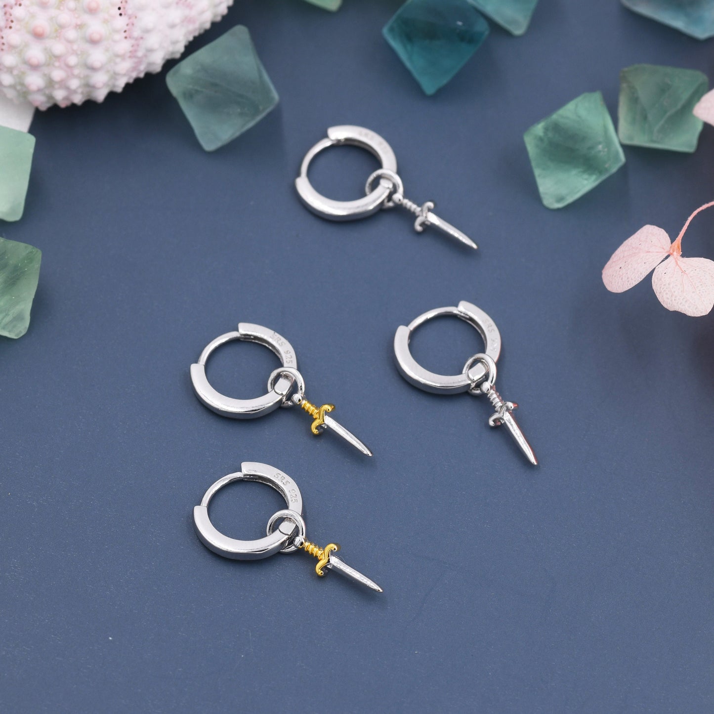 Sterling Silver Sword Hoop Earrings, Detachable Charm Hoop Earrings, Dagger Earrings, Silver or Gold,  Interchangeable and detachable