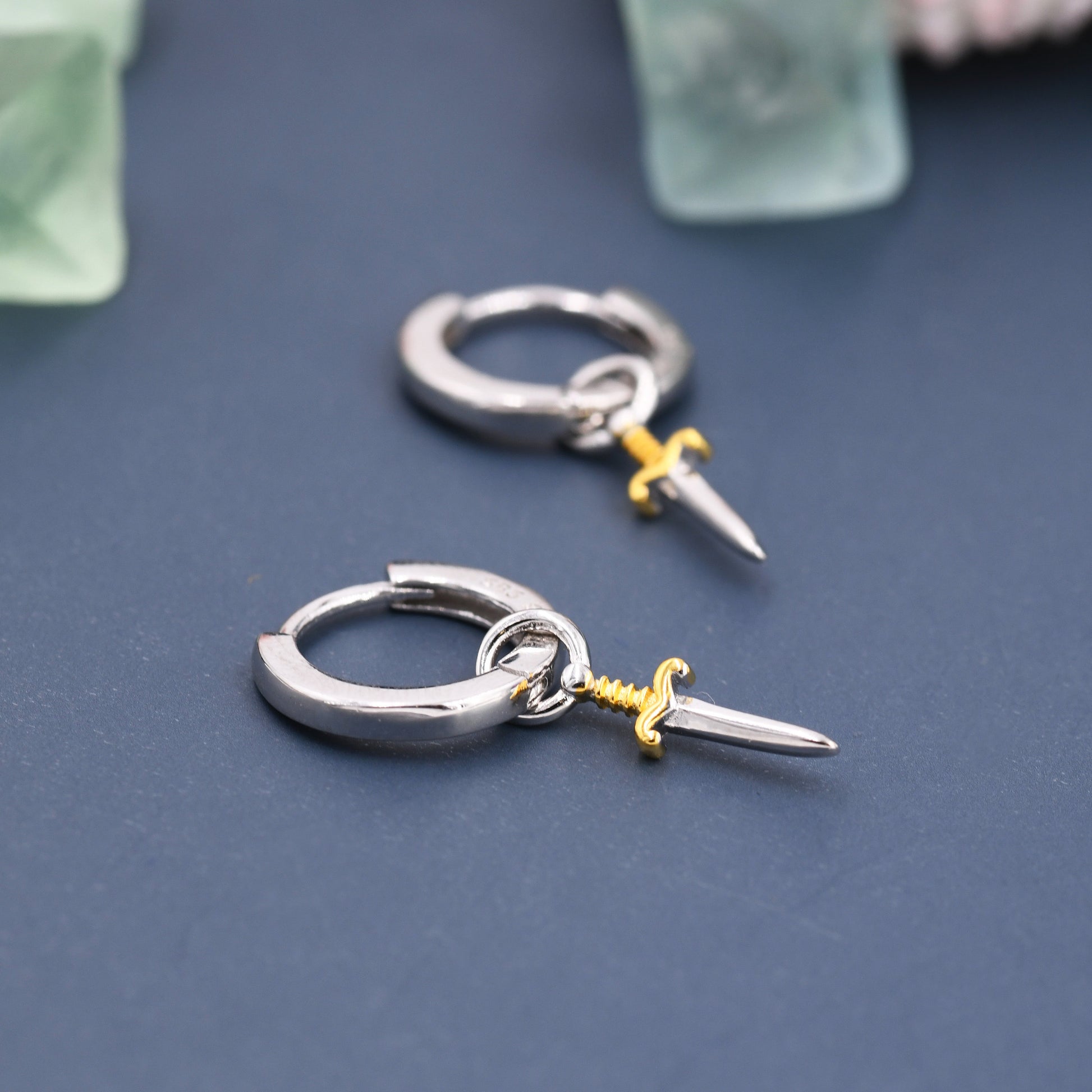 Sterling Silver Sword Hoop Earrings, Detachable Charm Hoop Earrings, Dagger Earrings, Silver or Gold, Interchangeable and detachable