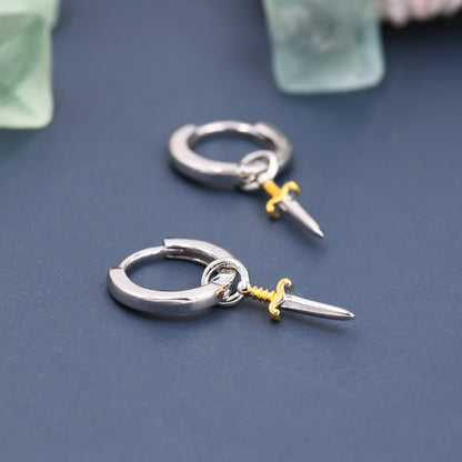 Sterling Silver Sword Hoop Earrings, Detachable Charm Hoop Earrings, Dagger Earrings, Silver or Gold, Interchangeable and detachable